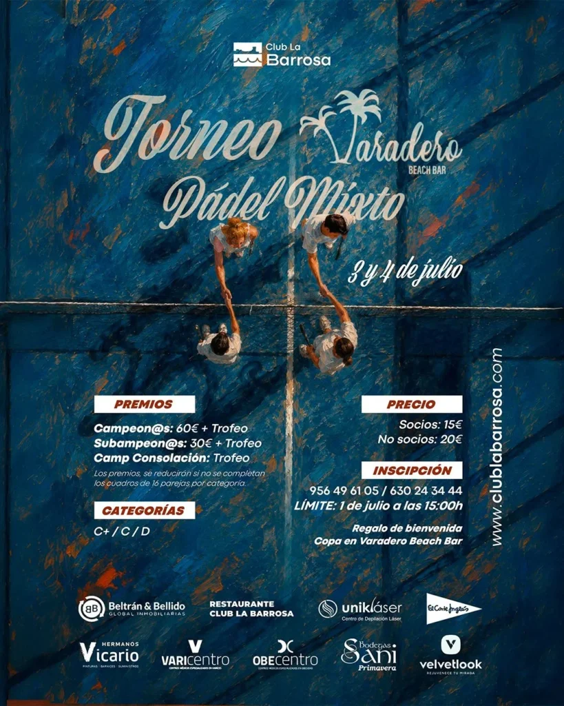 Cartel del torneo de pádel mixto Varadero Beach Bar en el Club La Barrosa