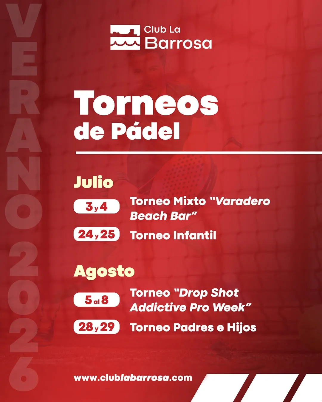 Cartel de los torneos de verano de pádel del Club La Barrosa con fechas de julio y agosto 2026