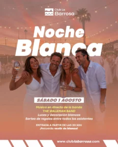 Fiesta blanca en el Club La Barrosa con asistentes vestidos de blanco al atardecer