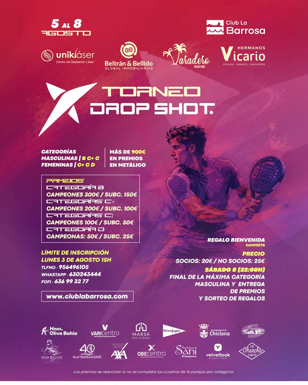 Cartel del Torneo Drop Shot de pádel en el Club La Barrosa del 5 al 8 de agosto de 2026