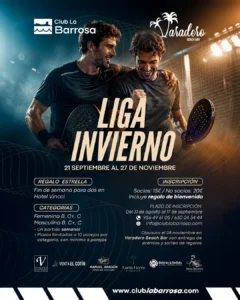 Cartel de la Liga de Invierno de pádel del Club La Barrosa 2026 con dos jugadores en pista
