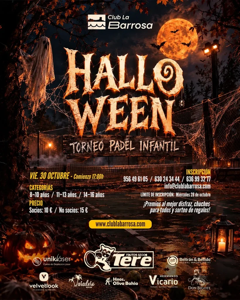 Cartel del torneo de pádel infantil de Halloween del Club La Barrosa el 30 de octubre